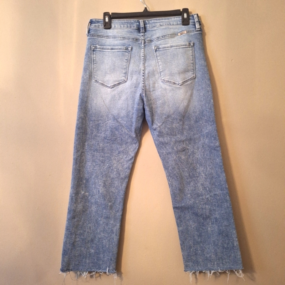 Kancan straight leg cropped raw hem light wash jeans stretchy 30 waist
